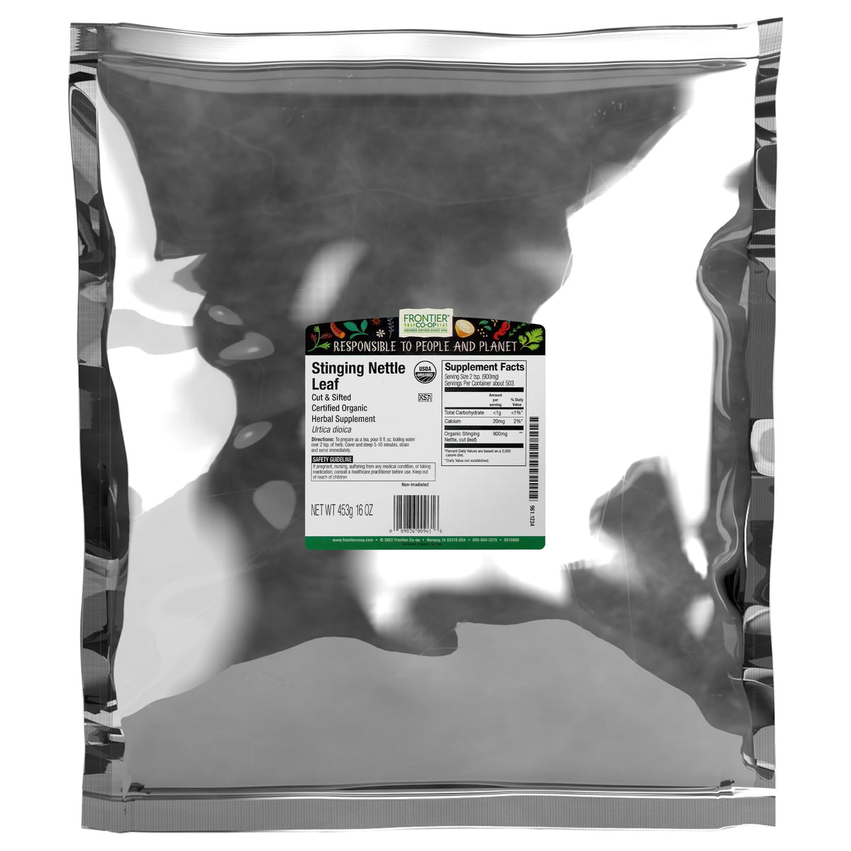 Frontier Co-op organic nettle leaf being brewed for tea in a mug