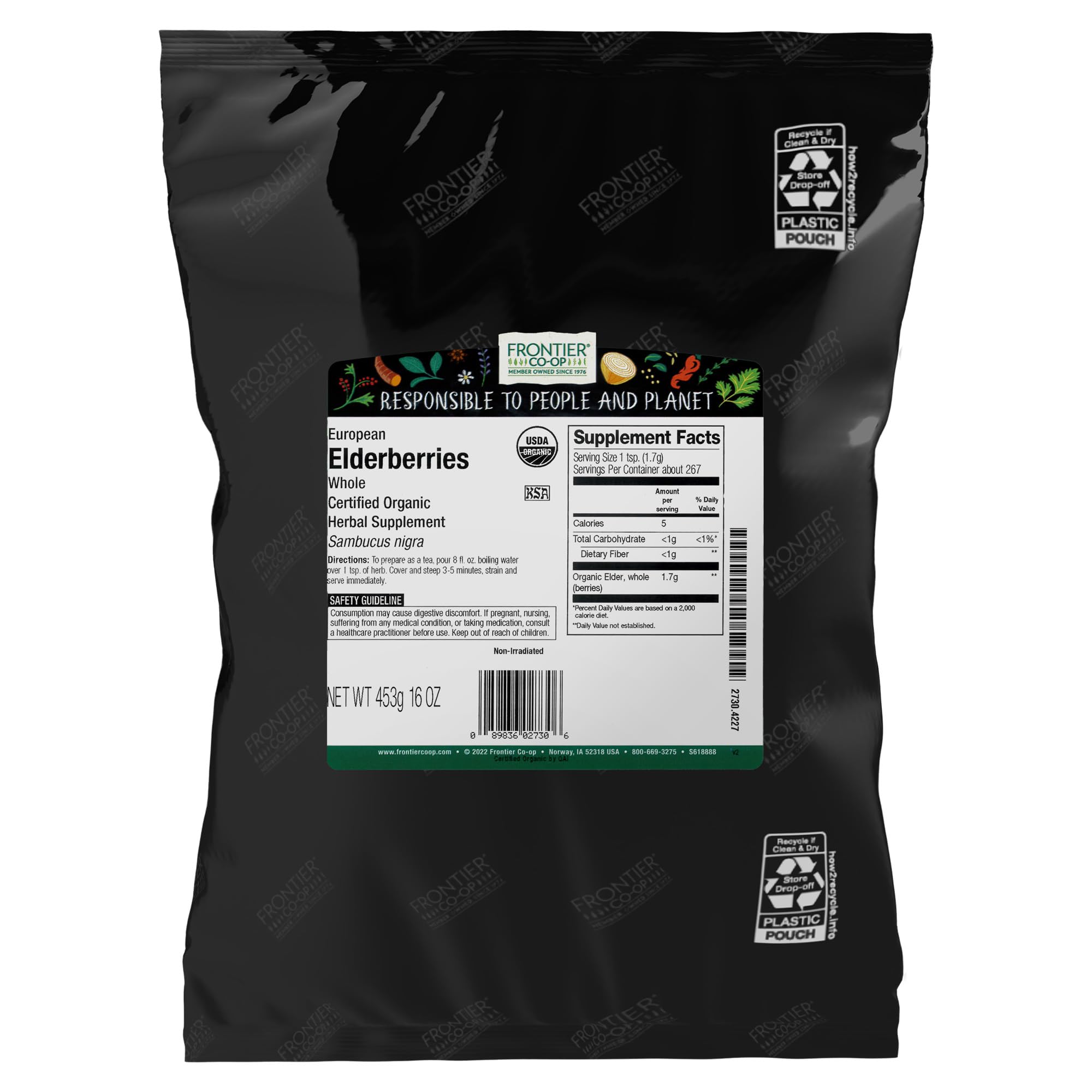Frontier Co-op Organic Dried Elderberries, whole berries, ideal for tea and cooking.