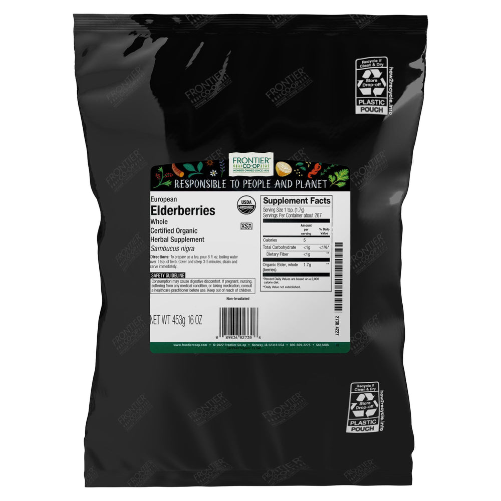 Frontier Co-op Organic Dried Elderberries, whole berries, ideal for tea and cooking.