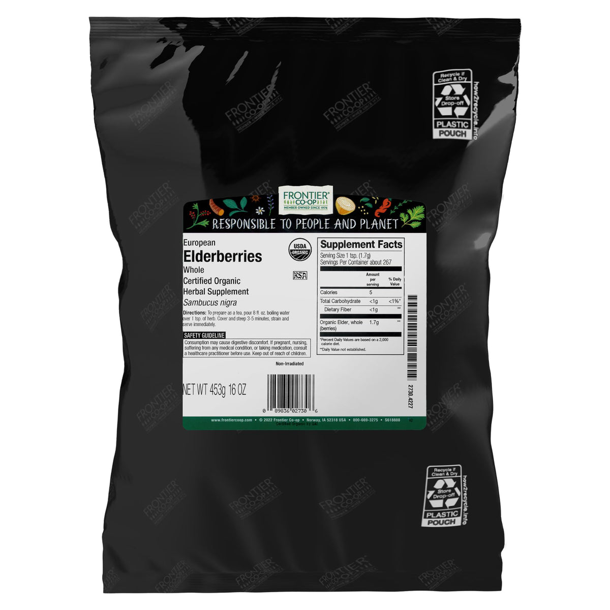 Frontier Co-op Organic Dried Elderberries, whole berries, ideal for tea and cooking.