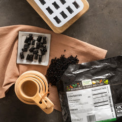 Frontier Co-op dried elderberries shown as a tea ingredient, rich and tart.