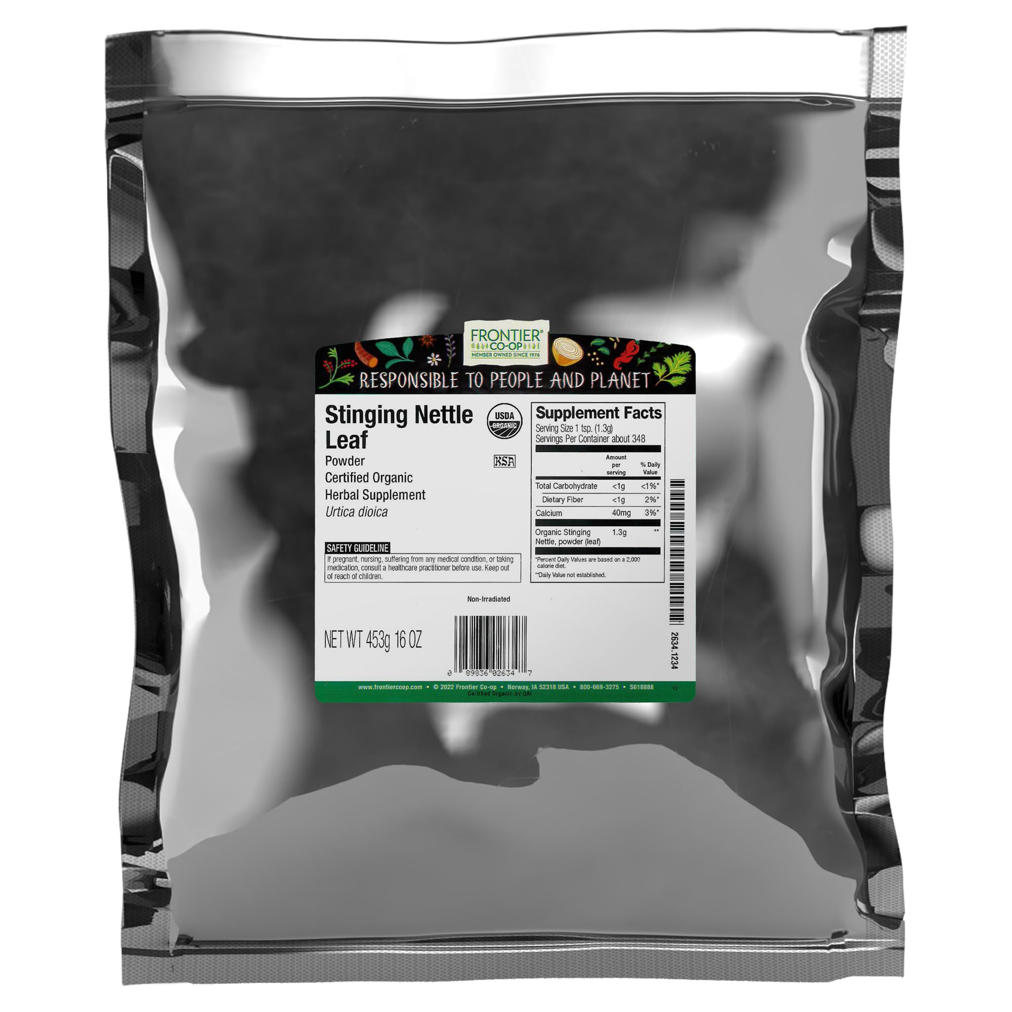Frontier Co-op Organic Ground Stinging Nettle Leaf powder in a bottle, great for DIY teas.