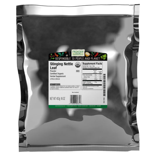 Frontier Co-op Organic Ground Stinging Nettle Leaf powder in a bottle, great for DIY teas.