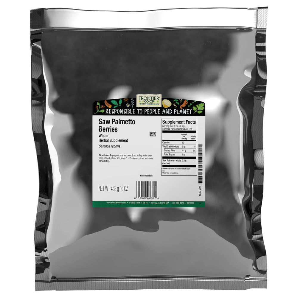 Frontier Co-op saw palmetto berries bulk bag for versatile tea and everyday wellness recipes.