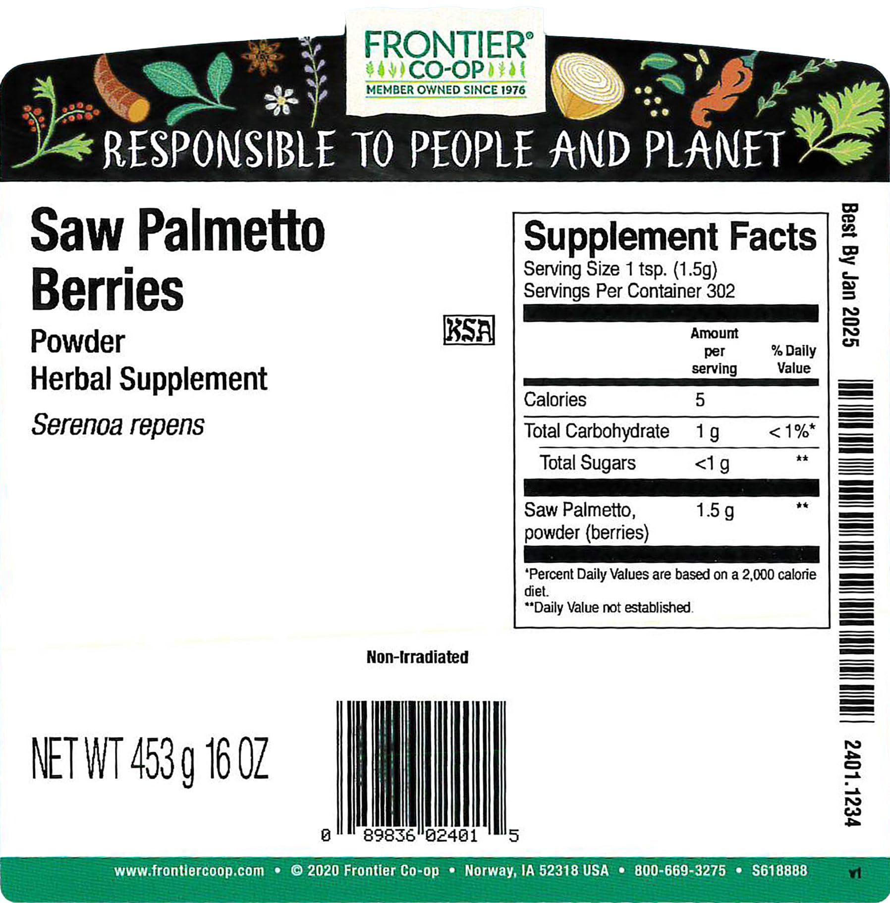Frontier Co-op Saw Palmetto Berries Powder fine texture blends smoothly into beverages.