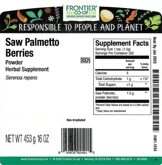 Frontier Co-op Saw Palmetto Berries Powder fine texture blends smoothly into beverages.