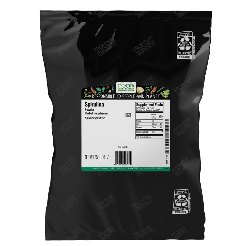 Frontier Co-op Spirulina Powder bulk bag on counter for easy smoothie prep.
