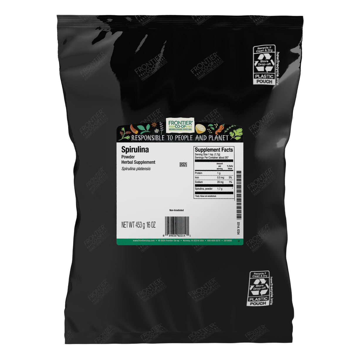 Frontier Co-op Spirulina Powder bulk bag on counter for easy smoothie prep.