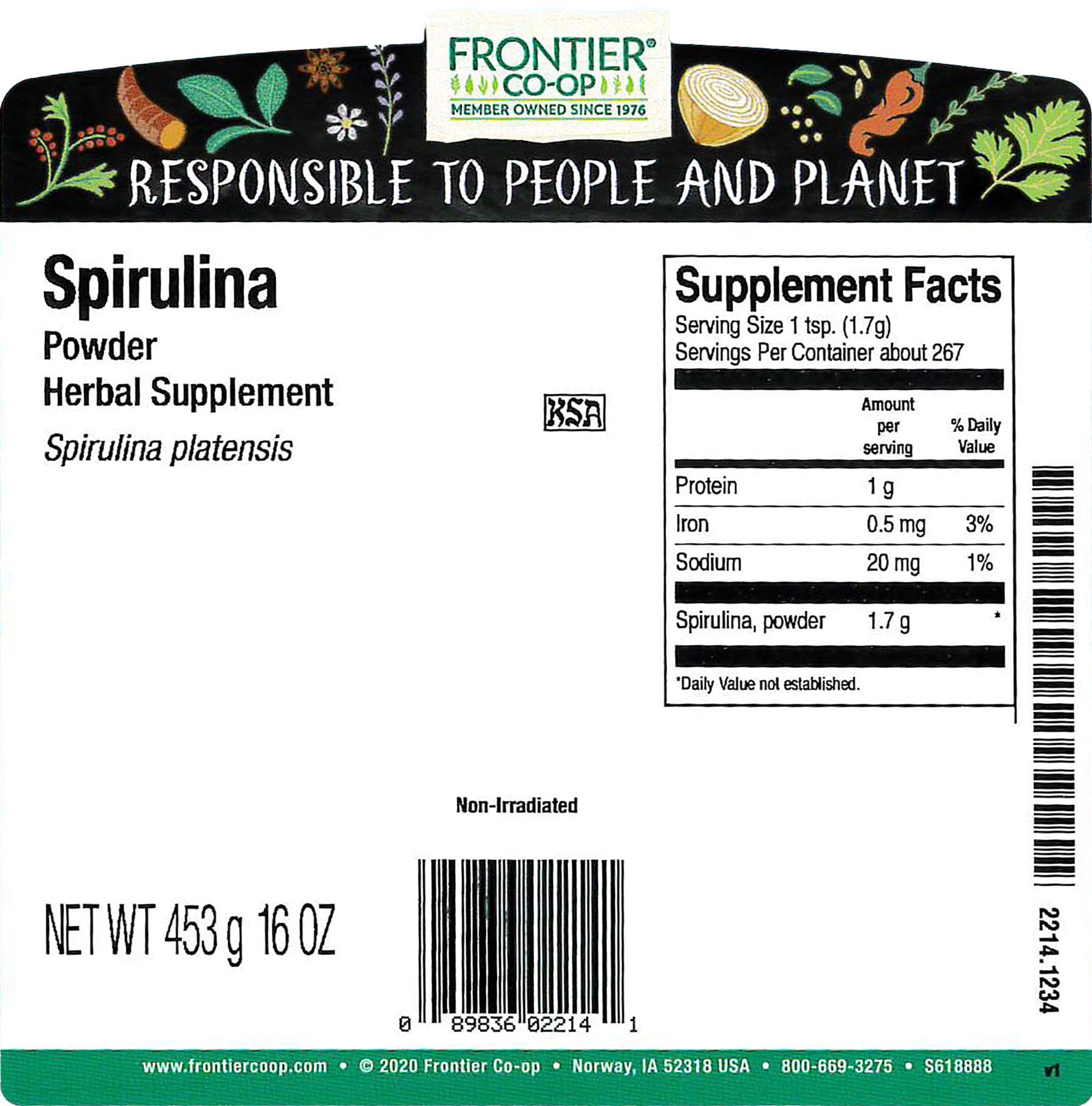 Frontier Spirulina Powder being poured, ideal for adding greens to drinks.