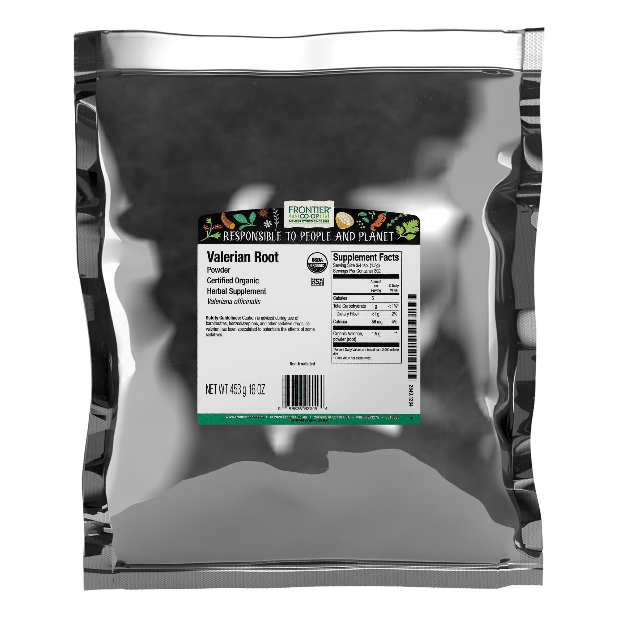 Frontier Co-op valerian root powder in a bulk bag for herbal tea and culinary use.
