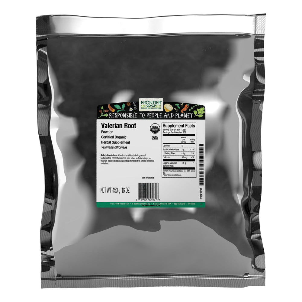 Frontier Co-op valerian root powder in a bulk bag for herbal tea and culinary use.