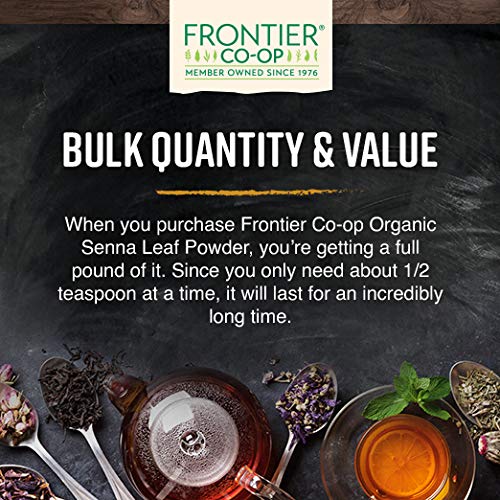Frontier Senna leaf powder label provides organic sourcing and usage notes.