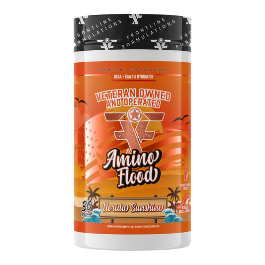 Frontline Formulations Amino Flood bottle pour supports quick hydration during workouts.