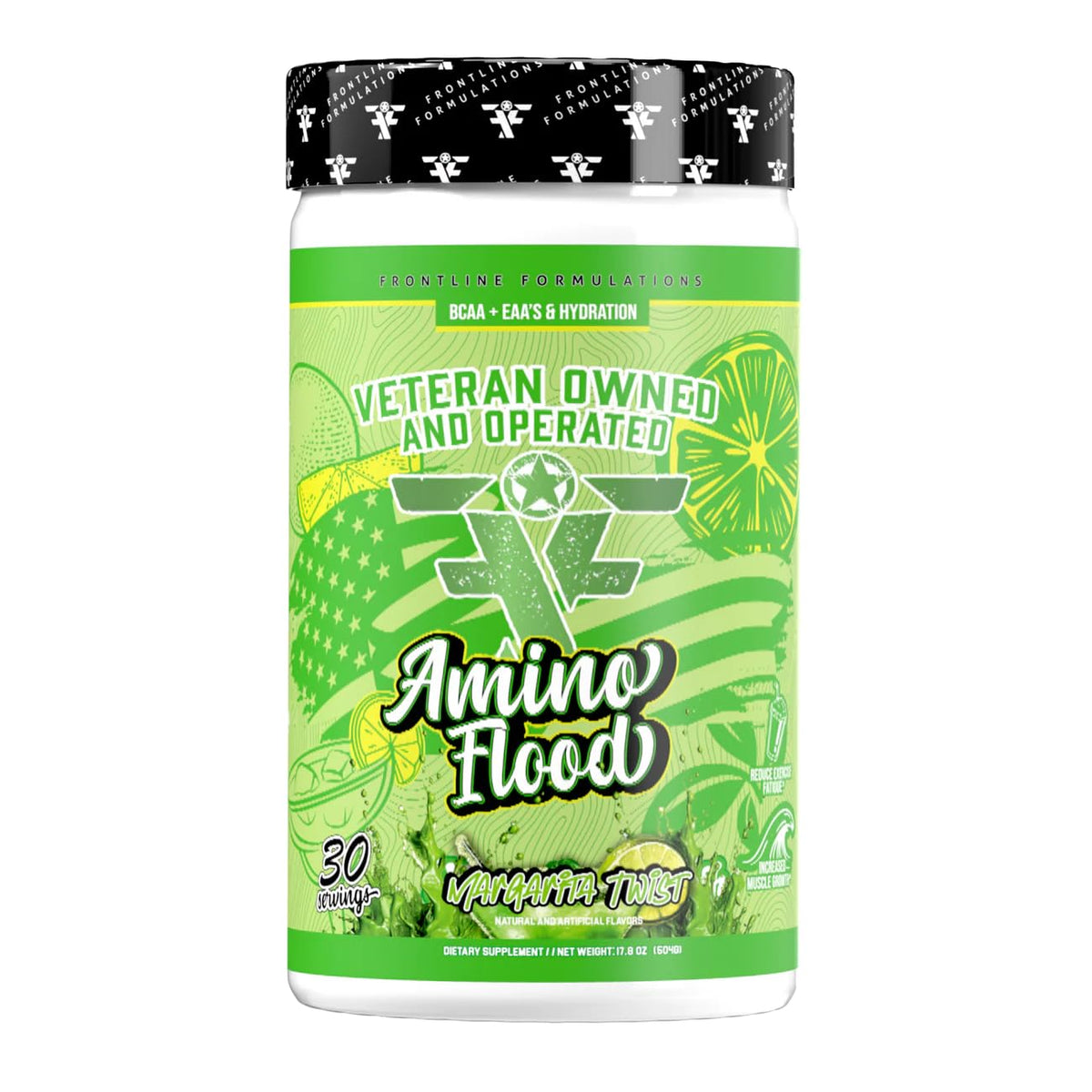 Frontline Formulations Amino Flood bottle with scoop supports rapid recovery after workouts.