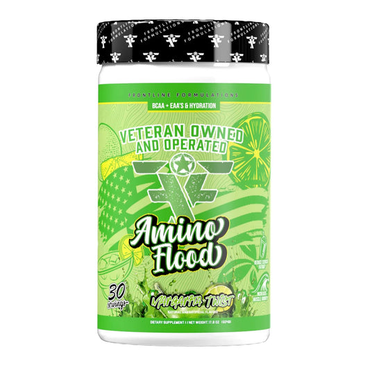 Frontline Formulations Amino Flood bottle with scoop supports rapid recovery after workouts.