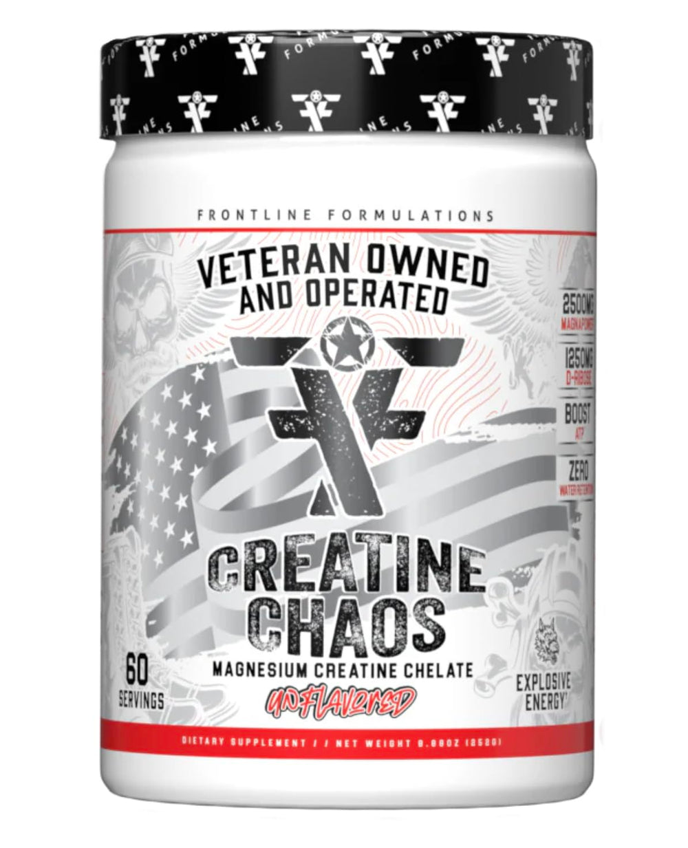 FRONTLINE FORMULATIONS Creatine Chaos tub and scoop for easy post-workout fueling