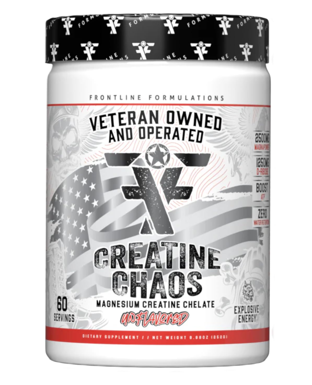 FRONTLINE FORMULATIONS Creatine Chaos tub and scoop for easy post-workout fueling