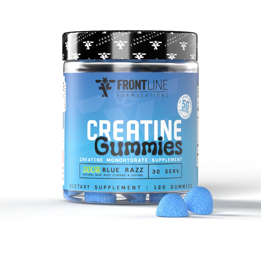 Frontline Formulations Creatine Monohydrate Gummies bottle on a desk highlighting lean muscle support.