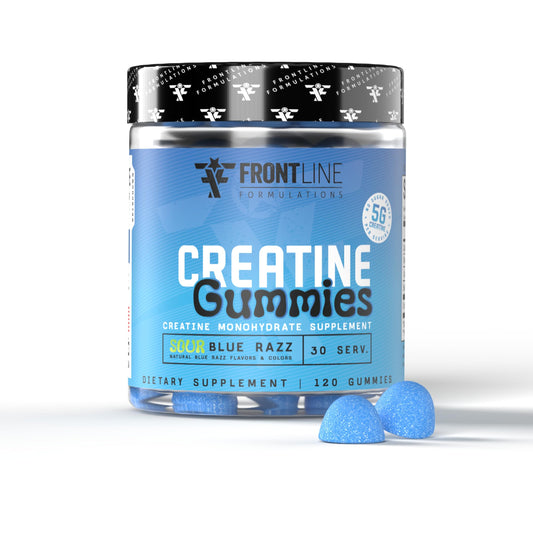 Frontline Formulations Creatine Monohydrate Gummies bottle on a desk highlighting lean muscle support.