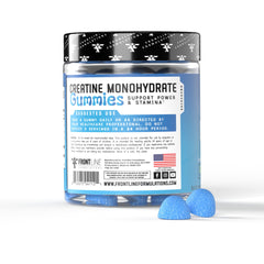 Frontline Formulations Creatine Monohydrate Gummies label closeup explains sugar-free formula.