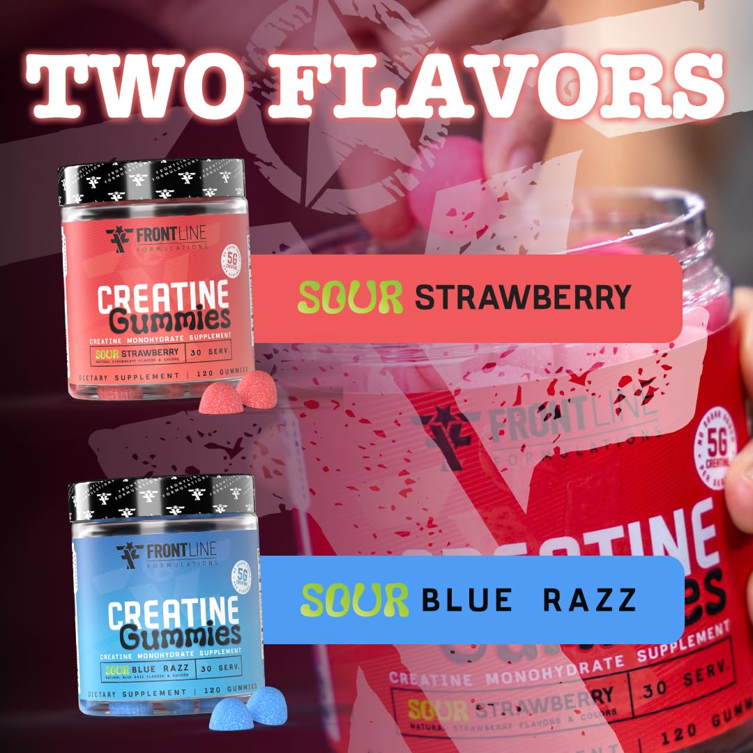 Frontline Formulations Creatine Monohydrate Gummies servings pack highlights 120 gummies.