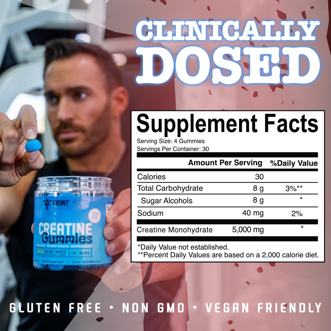 Frontline Formulations Creatine Monohydrate Gummies sour blue razz closeup shows tangy flavor.