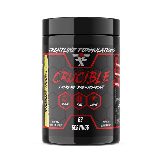 FRONTLINE FORMULATIONS Crucible pre-workout tub front view highlights bold flavor and energy potential.