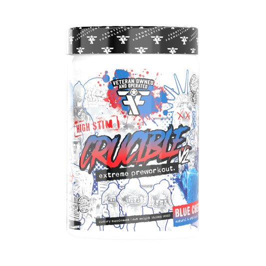 FRONTLINE FORMULATIONS Crucible pre-workout tub ready for high-energy training sessions.