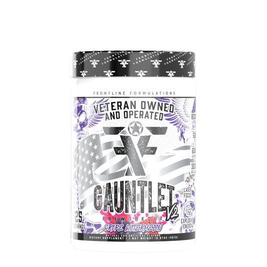 FRONTLINE FORMULATIONS Gauntlet pre-workout bottle shows bold branding for energized training sessions