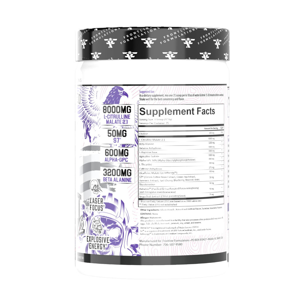 FRONTLINE FORMULATIONS Gauntlet pre-workout powder canister emphasizes premium formula for focus
