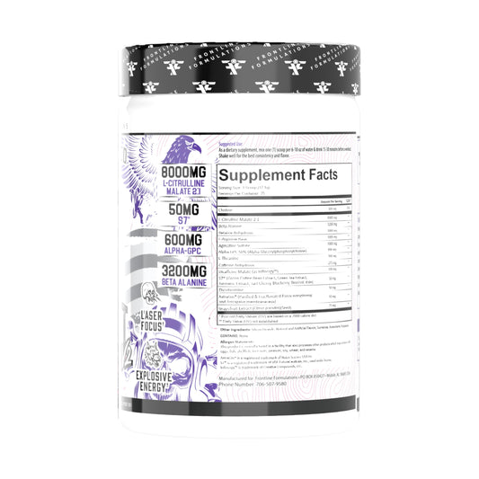 FRONTLINE FORMULATIONS Gauntlet pre-workout powder canister emphasizes premium formula for focus