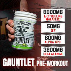 FRONTLINE FORMULATIONS Gauntlet pre-workout powder dispensing image highlights quick dosing