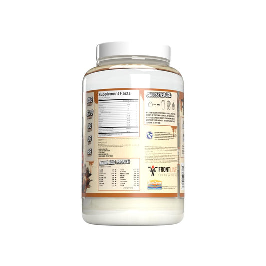 Frontline Formulations Isolean whey tub shows 28 servings and low sugar.