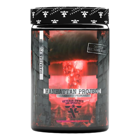 Frontline Formulations Manhattan Project bottle showing bold label and energy cue for focused workouts