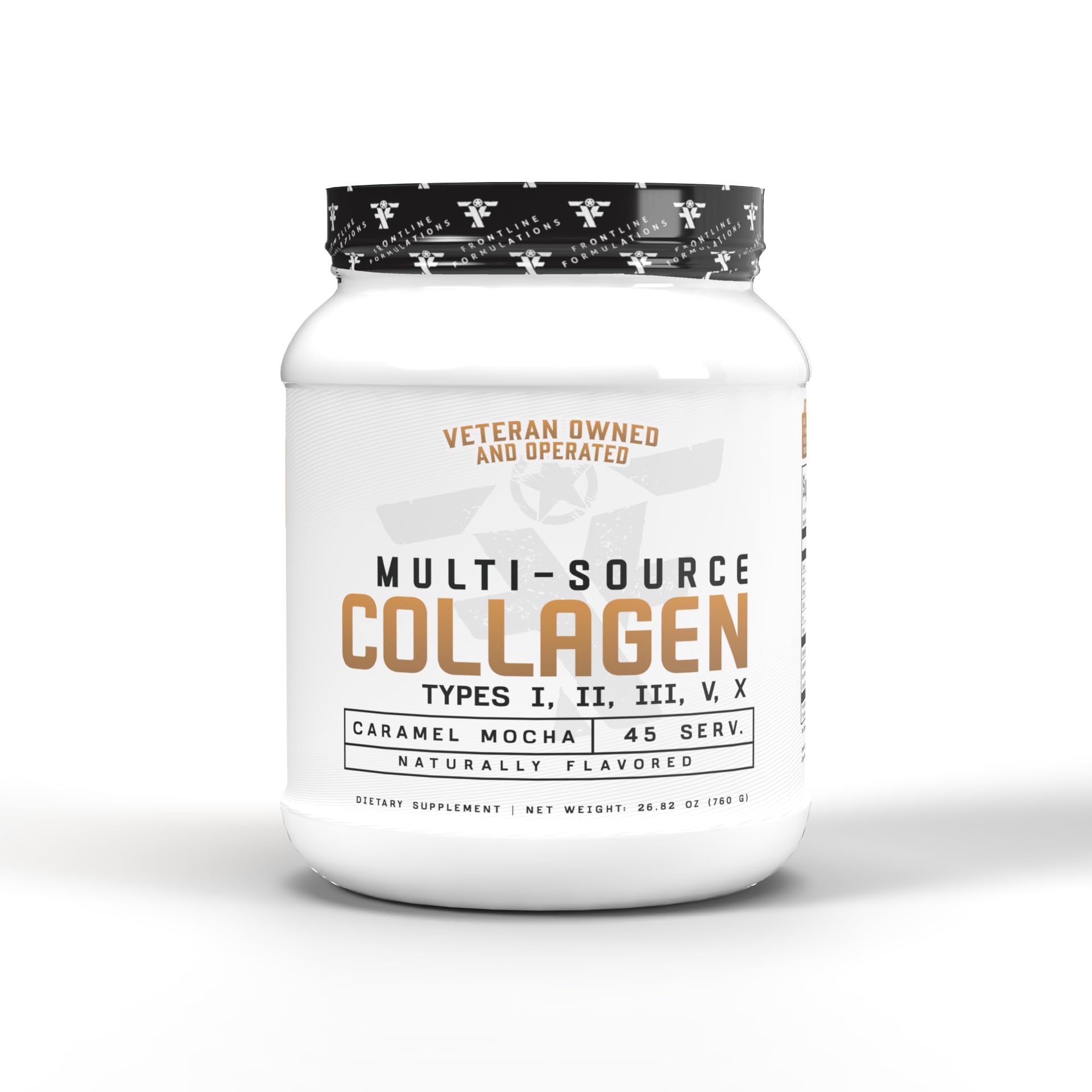 Frontline Formulations Multi-Source Collagen bottle closeup for hair and skin support.