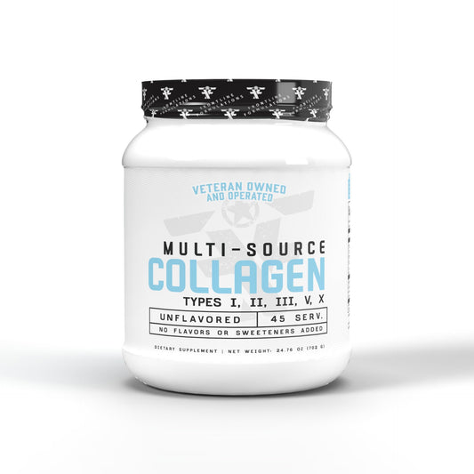 Frontline Formulations Multi-Source Collagen tub label showing premium blend for daily skin, hair, and nails support