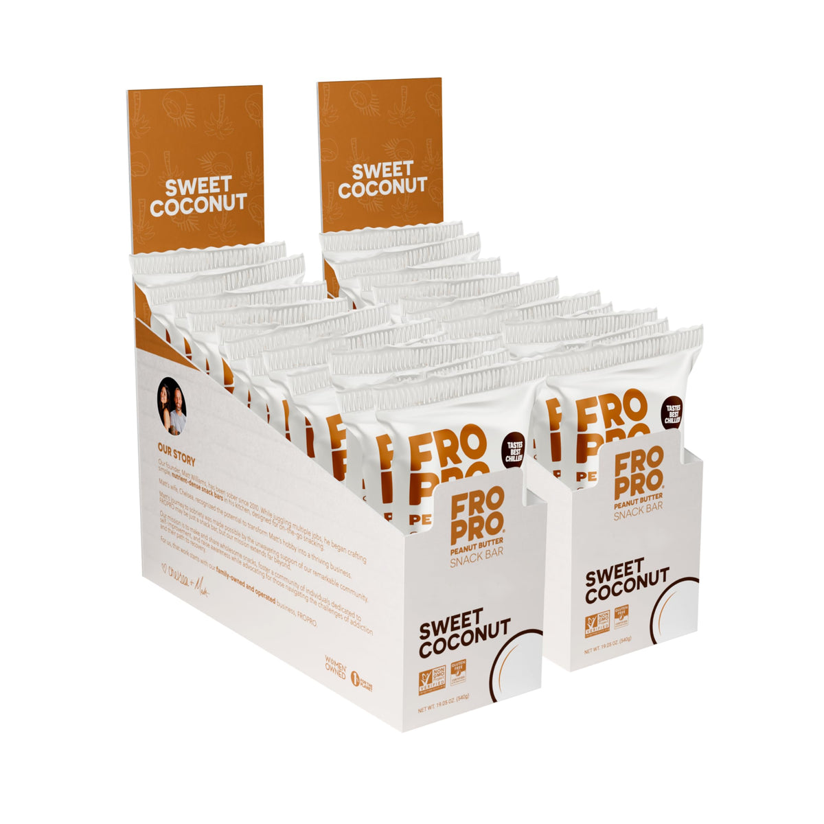 FRO PRO coconut bar packaging on a shelf for quick, convenient snacking.