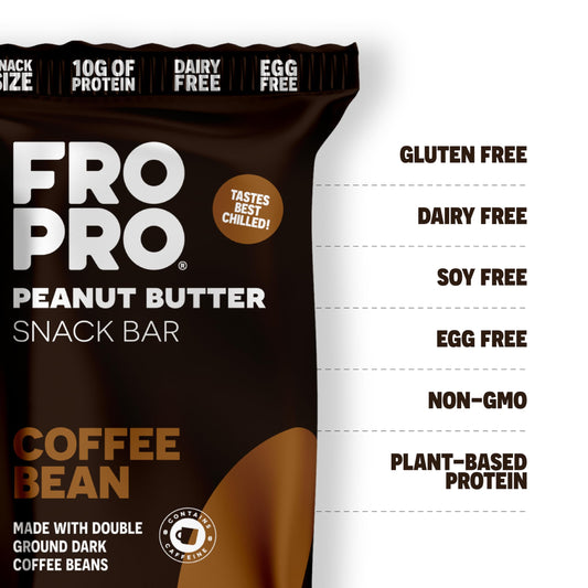 FROPRO Plant Protein Snack Bar closeup shows ingredients and gluten-free, dairy-free features.