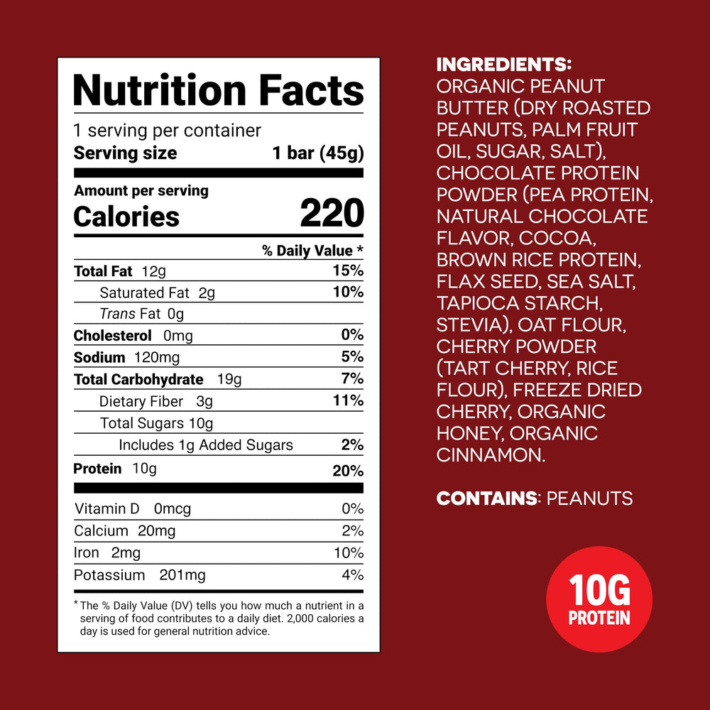 FROPRO peanut butter bar with freeze-dried cherries delivers fruity flavor.