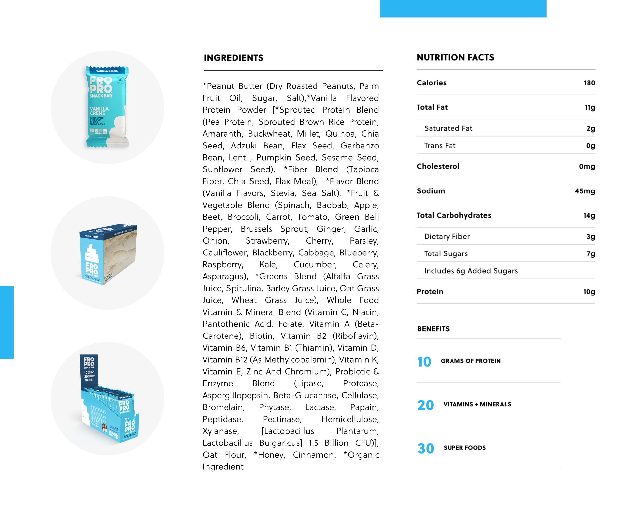 FROPRO vanilla bar ingredients highlight plant protein and gluten-free.