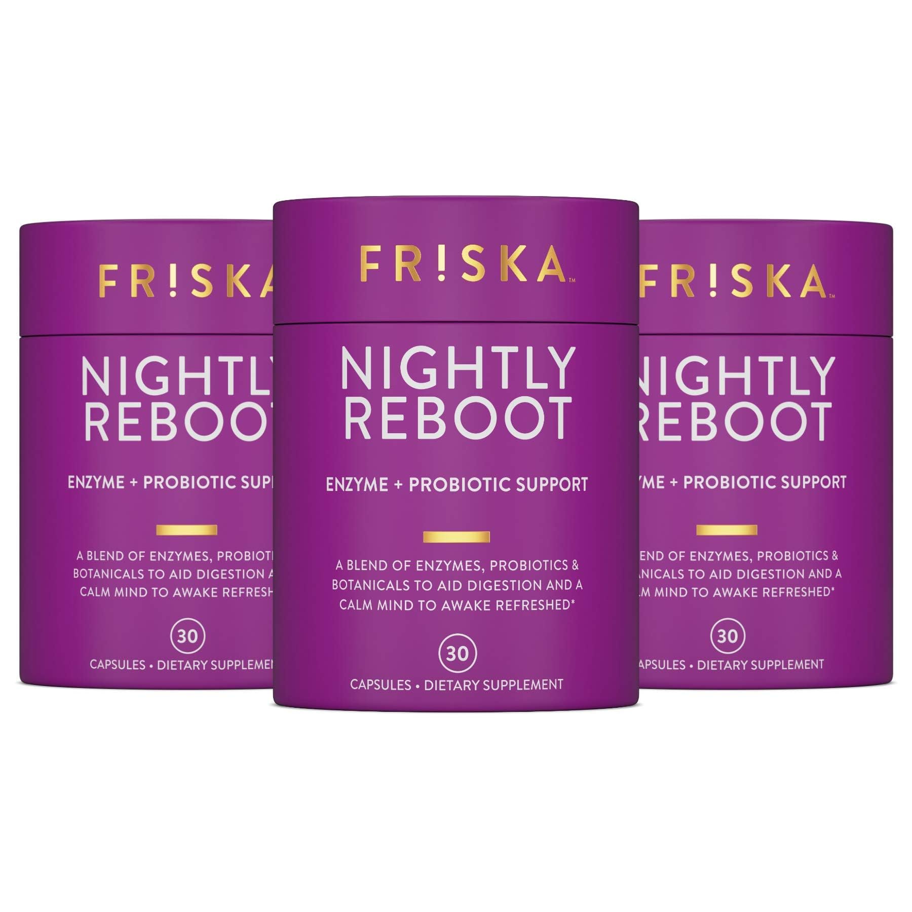 FR!SKA Nighttime Digestive Enzymes bottle label highlighting ingredients for overnight support.