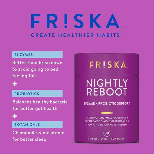 FR!SKA Nighttime Digestive Enzymes probiotic DE111 illustration emphasizes gut balance benefits.