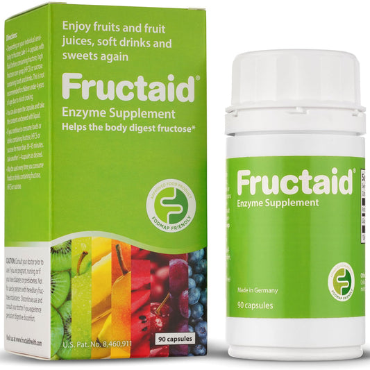 Fructaid bottle and capsules illustrate the product that may ease fructose digestion.