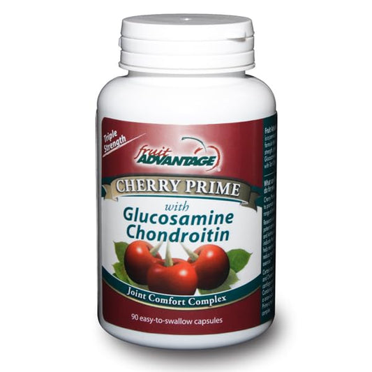 Fruit Advantage Cherry Prime bottle shown, USA-made supplement for daily wellness.