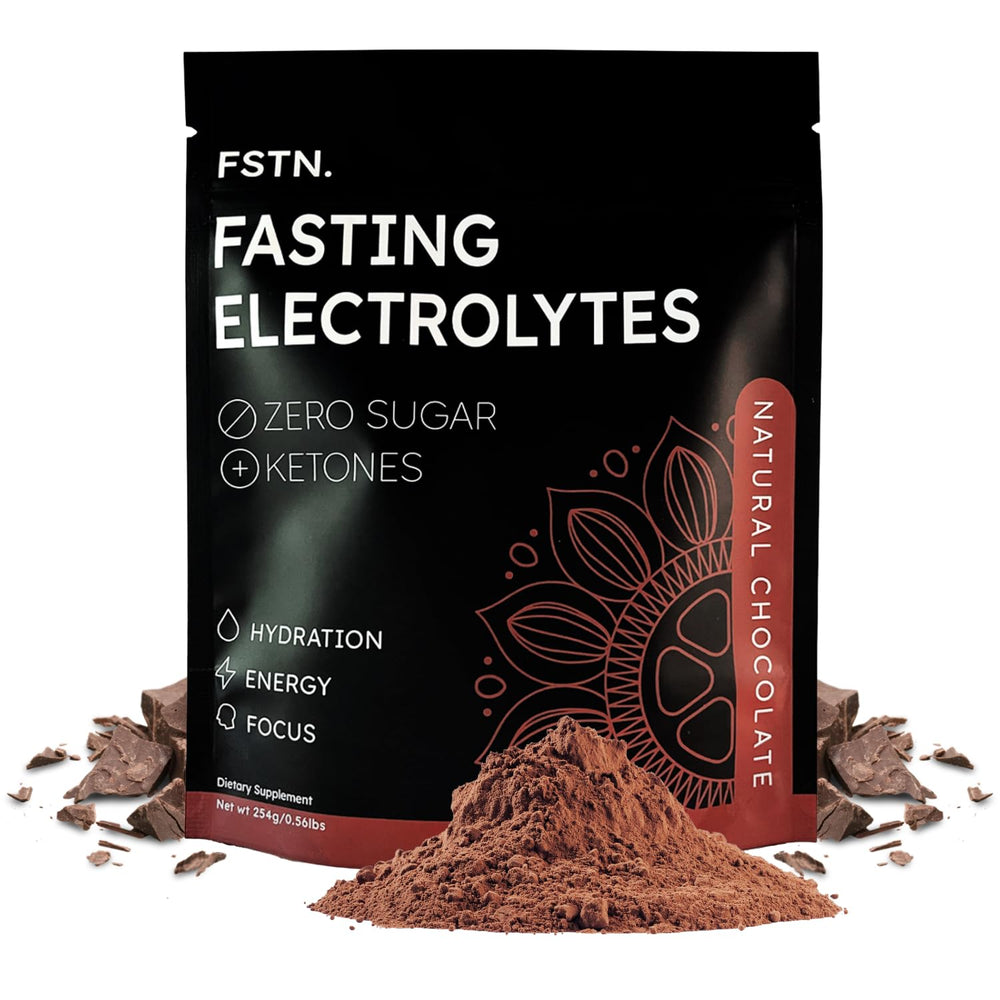 FSTN chocolate electrolytes bottle pouring during fasting for hydration