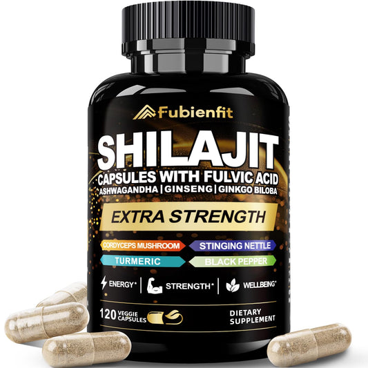Fubienfit Shilajit capsules bottle front highlighting premium packaging for daily energy support