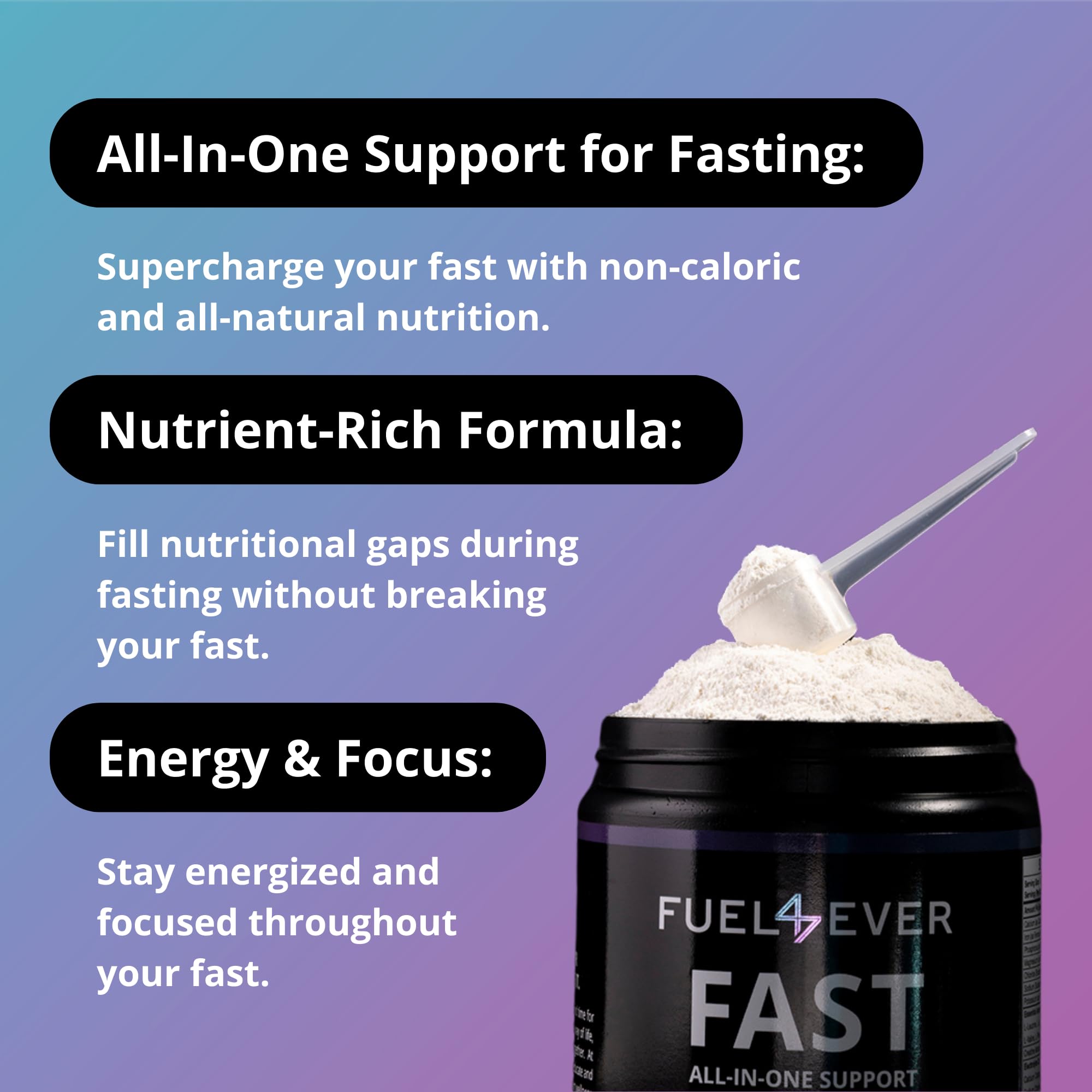 Close-up of FAST ingredients label emphasizing quality and sugar-free formula.