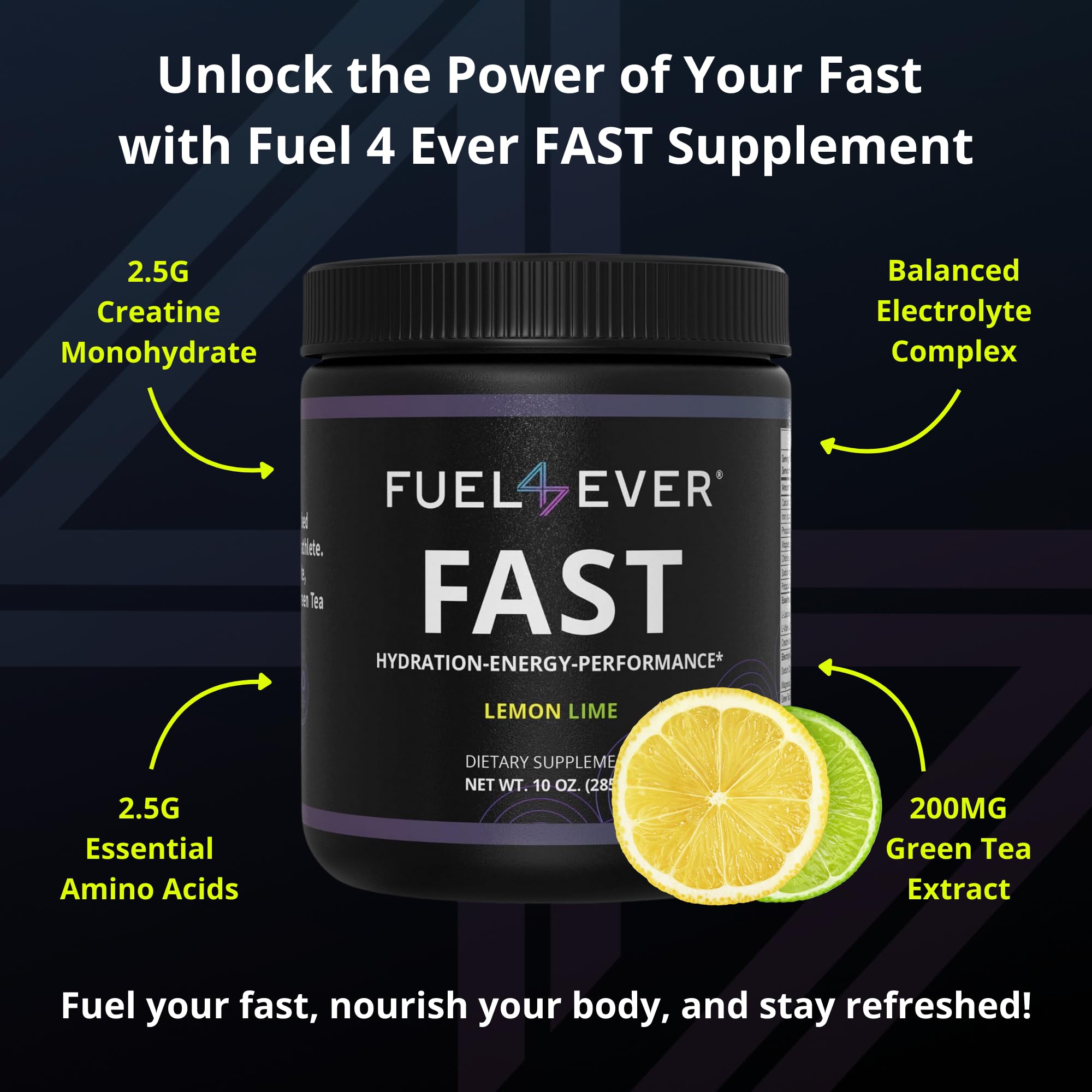 Fuel 4 Ever FAST ingredients closeup highlights clean, non-GMO formula with key nutrients.
