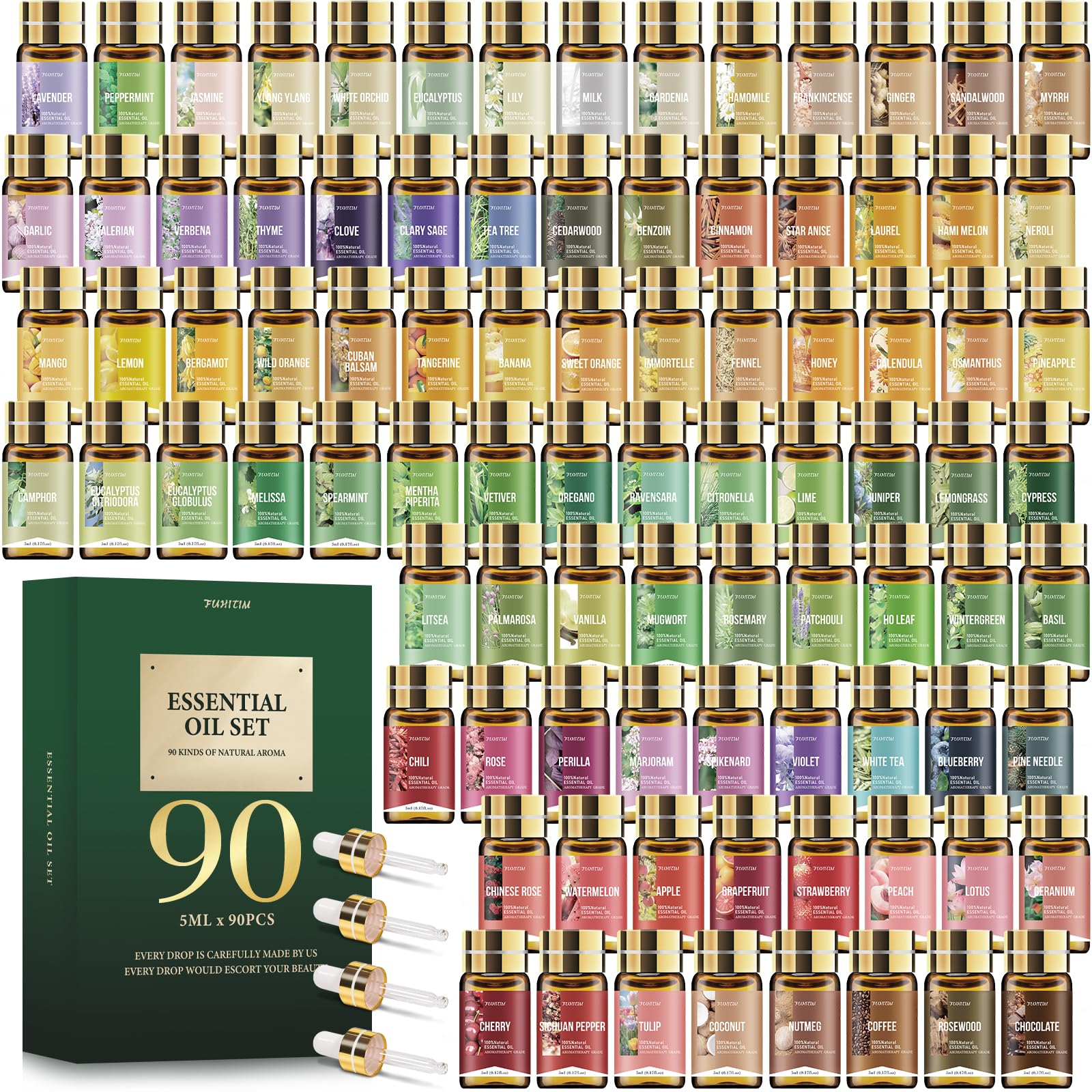 FUHITIM 90-piece essential oil set in packaging, ideal for gifting and variety.