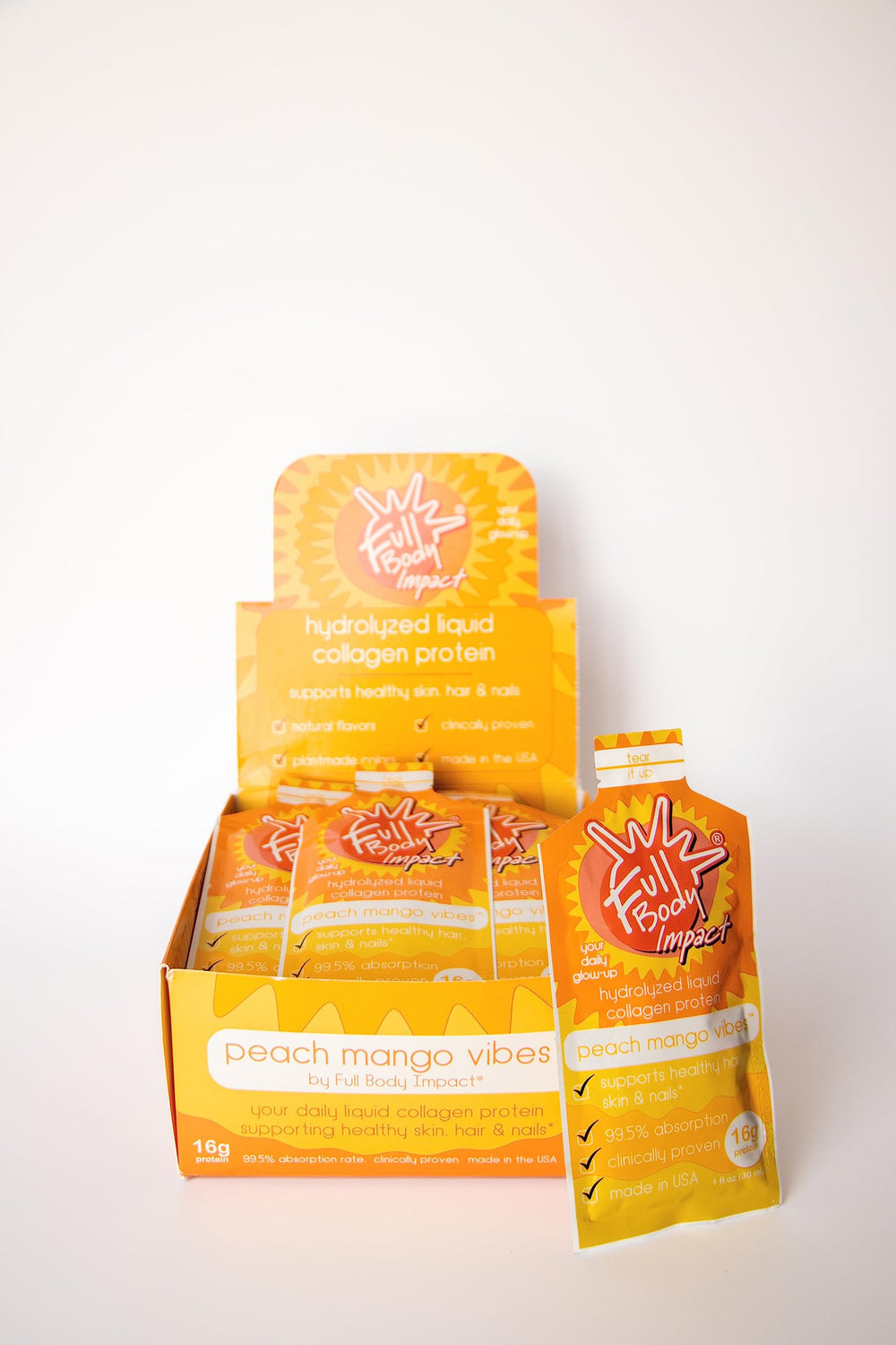 Full Body Impact Liquid Collagen bottle pour, convenient 1oz servings for daily use